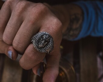 Vikingaguden Odin Siler Herrring, Skandinavisk Silver Manring, Odinring i Oxiderat Silver, Vikingring för Man, Vikingring i Silver för Make Viking