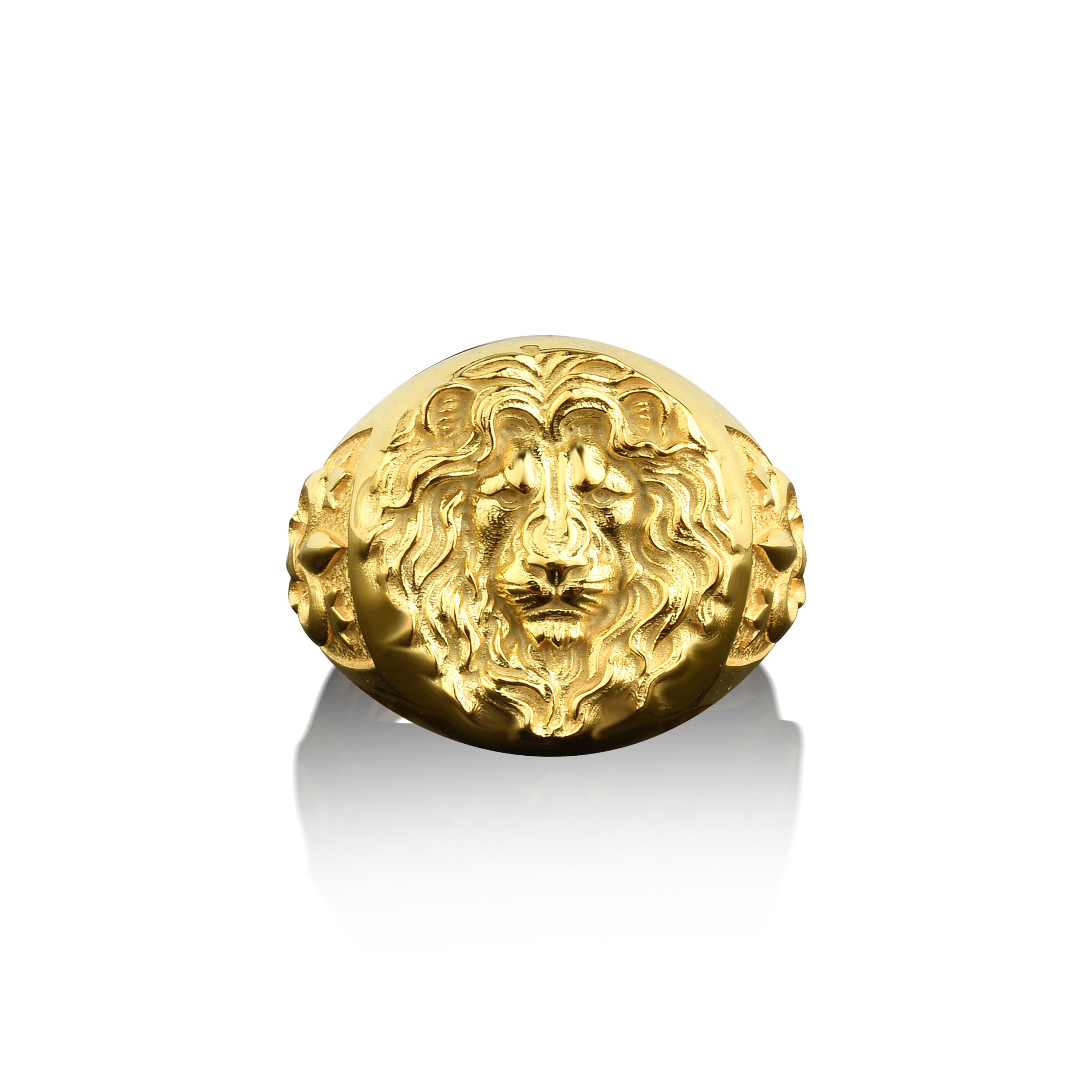 Solid 24K Yellow Gold Handcarved Large Heavy Mens Lion Ring Size 5 - 11 ,  Mens Lion Head Gold Ring