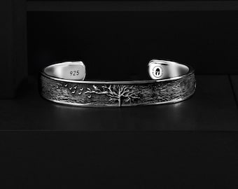 Celtic Yggdrasil with Bird Silver Cuff Bracelet, Tree of life Engraved Customizable Gift Jewelry for Family