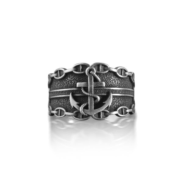 Chevalière d'ancre pour homme, anneau d'ancre de marin fait main, anneau d'ancre de capitaine oxydé, ancre avec des cordes, bague en argent sterling 925 carats pour homme