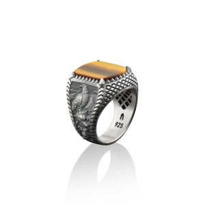 Eagle and wolf engraved tiger&#39;s eye gemstone silver ring for men, 925 sterling silver cushion signet ring, Roman mythology inspired ring