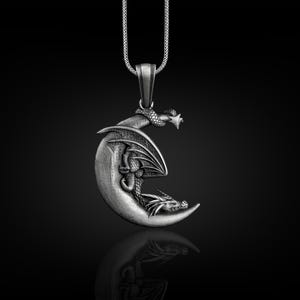 Dragon Sleeping in Crescent Necklace, Dragon and Moon Unusual Necklace in Silver, Fantasy Necklace For Best Friend, Celestial Necklace