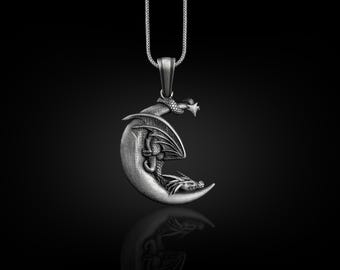Dragon Sleeping in Crescent Necklace, Dragon and Moon Unusual Necklace in Silver, Fantasy Necklace For Best Friend, Celestial Necklace