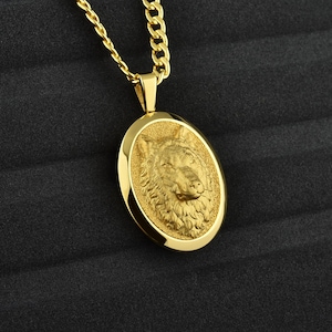 Custom uniqe 14k gold mens wolf necklace medal, 18k gold oval wolf pendant, Mens golden wolf jewelry with cuban chain, Gift for mom or dad