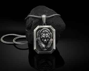 Scandinavian Personalized Bear Men's Necklace,Silver Relief Bear Man Medallion, Silver Viking Wild Bear Men Necklace, Husband Gift Necklace
