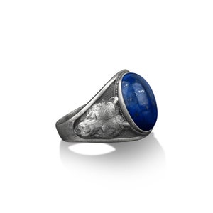 Bear head lapis lazuli gemstone signet men ring in sterling silver, Signet scandinavian bear lapis men ring, Mens animal rings, Animal lover