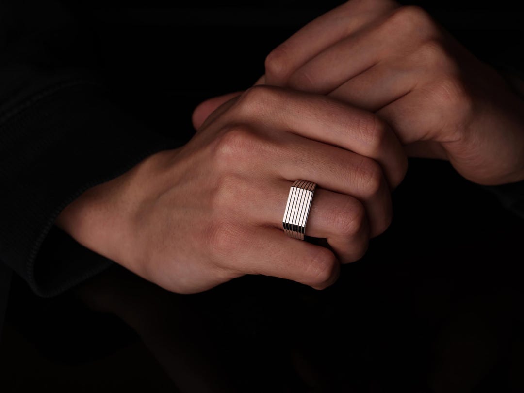 Modern Silver Men Ring With Horizontal Lines, Bold Geometric Design ...