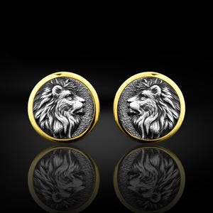 ライオン メンズ カフスボタン、スターリングシルバー ゴールドメッキ ライオン カフスボタン、ウェディング ライオン カフスボタン、メンズ シルバー ギフト カフスボタン、ラウンド ライオン メンズ カフスボタン
