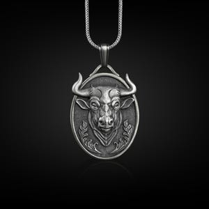 Bull head pendant necklace in sterling silver, Personalized animal necklace for husband, Taurus zodiac sign, Friend gift
