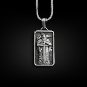 Viking warrior with his sword silver men necklace, Sterling silver norse mythology custom jewelry, Antique tag necklace, Anniversary gift