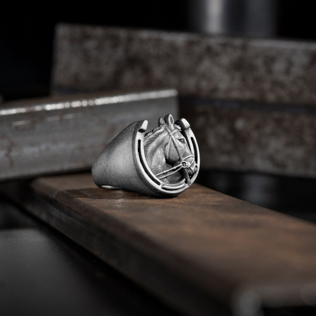 Lucky Horseshoe Horse Head Men Ring in 925 Silver, Horse Head Men ...