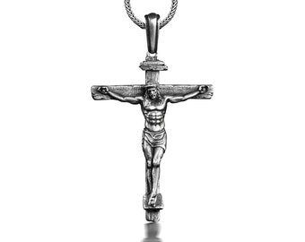 Crucifixion of Jesus Catholic Necklace, Sterling Silver Cross Necklace For Christian, Faith Necklace For Family, Crucifix Necklace For Dad