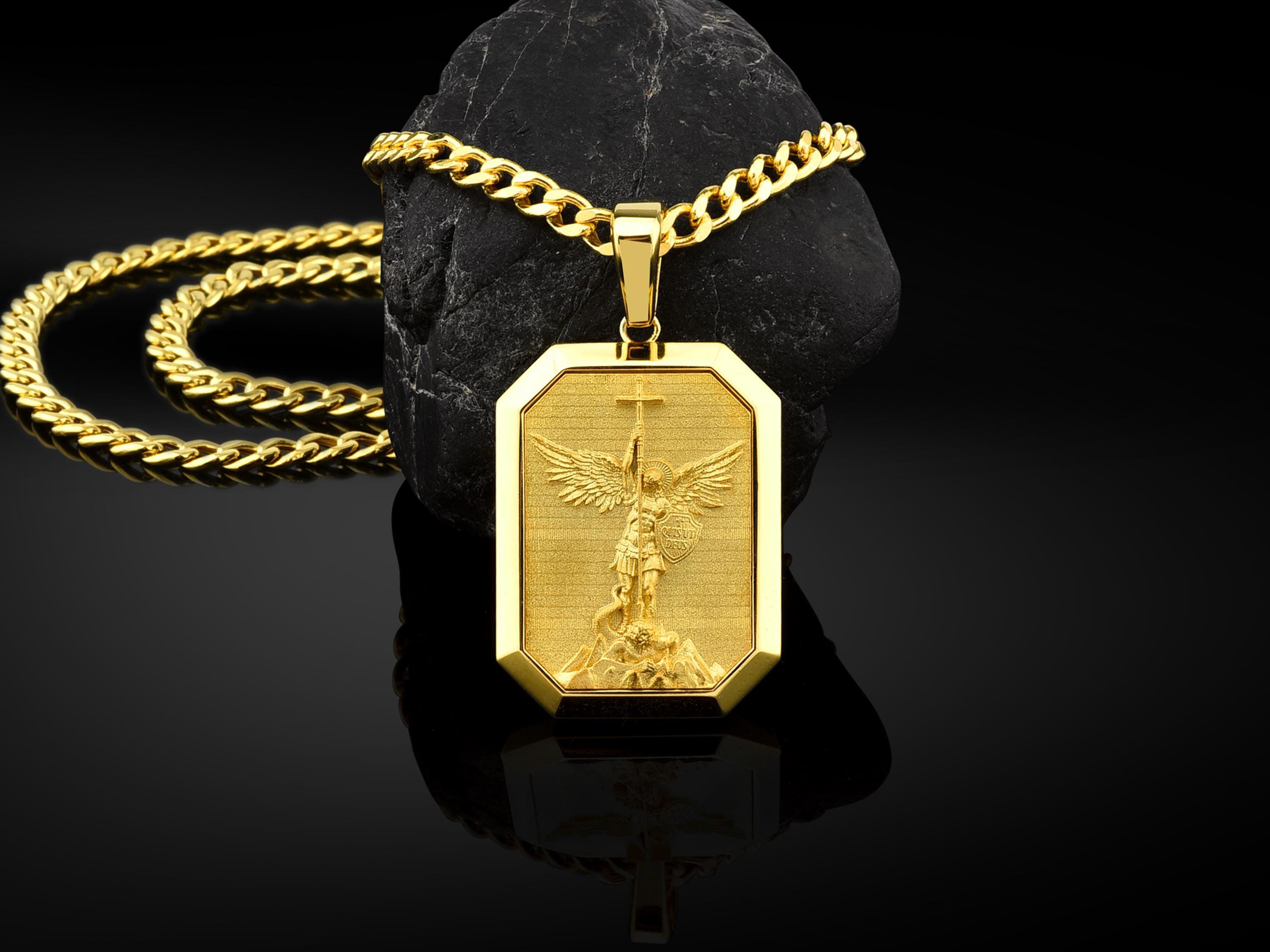 Archangel Saint Michael 21k Gold Men Charm Necklace, Orthodox