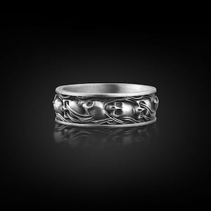 Skull Ring in Oxidized Sterling Silver, Mens Gothic Wedding Ring, Engraved Goth Engagement Ring For Men, Witch Ring For Best Friend Gift
