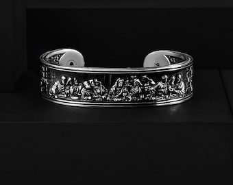 Last Supper By Da Vinci Faith Silver Cuff Bracelet, Jesus and His Apostles Christian Bracelet Jewelry