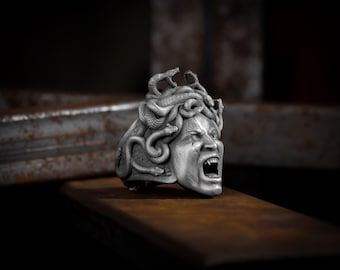 Gorgon angry Medusa ring for men in sterling silver, Snake hair greek mtyholgy unisex silver rings, Greek men gift jewerly for everyday use