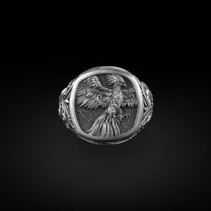 Winged Phoenix Square Signet Ring for Men in Sterling Silver, Phoenix Gold Man Ring, Pinky Rings for Women, Mythology Lover Gift, Small Gift