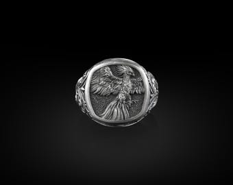 Winged Phoenix Square Signet Ring for Men in Sterling Silver, Phoenix Gold Man Ring, Pinky Rings for Women, Mythology Lover Gift, Small Gift