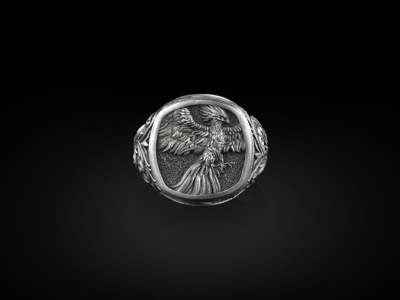 Winged Phoenix Square Signet Ring for Men in Sterling Silver, Phoenix ...