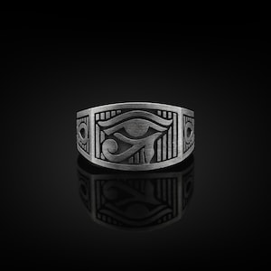 El ojo de Horus y Ankh anillo de hombres de plata de ley hecho a mano, ojo de Horus y joyería de hombres de plata Ankh, anillo del antiguo Egipto, anillo ojo de Ra