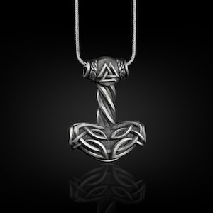 Mjolnir mens pendant necklace in sterling silver, Thors hammer necklace with engraved viking symbol, Norse necklace