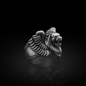 Lion of venice sterling silver ring for men, Winged lion medieval ring for dad, Unique leo zodiac ring for birthday gift