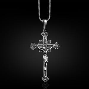 Crucifixion of Jesus cross necklace for men, Silver mens crucifix necklace for Christian, Religious necklace for dad