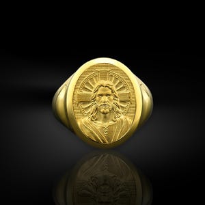 Christ Jesus signet men ring in 14k gold, Religious 18k gold jewelry, Gift gold ring for men, 10k gift ring for husband, Catholic jesus ring