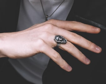 Skull with Flower motif in Casket Handmade Sterling Silver Men Ring, Skull Gothic Ring, Skull Punk Ring, Skull with Flower Motif Men Jewelry