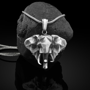 Elephant Handmade Silver Necklace for Mens, Low Poly Elephant Head Charm Pendant, Elephant Head Sterling Silver Pendant, Animal Men Necklace