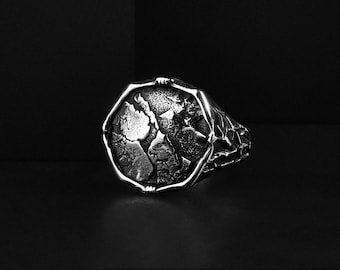 Handmade Cracked Signet Ring in Sterling Silver, Unique Oxidized Silver Gift Jewelry Rings for Boyfriend