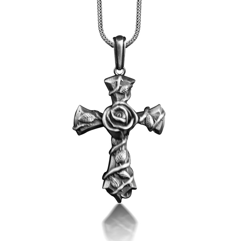 Rose in Cross Pattee Necklace For Men, Oxidized Floral Cross Necklace in Sterling Silver, Medieval Christian Cross Pendant For Boyfriend image 1
