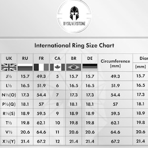 May include: A chart showing international ring sizes in millimetres and inches. The chart includes sizes for the USA, UK, Russia, France, Canada, Brazil, and Germany.