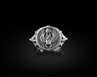 Horus Anubis Men Ring with Scarab in Sterling Silver, Engraved Men Ring, Egyptian Jewelry, Ancient Signet Ring, Mythology Beetle Ring