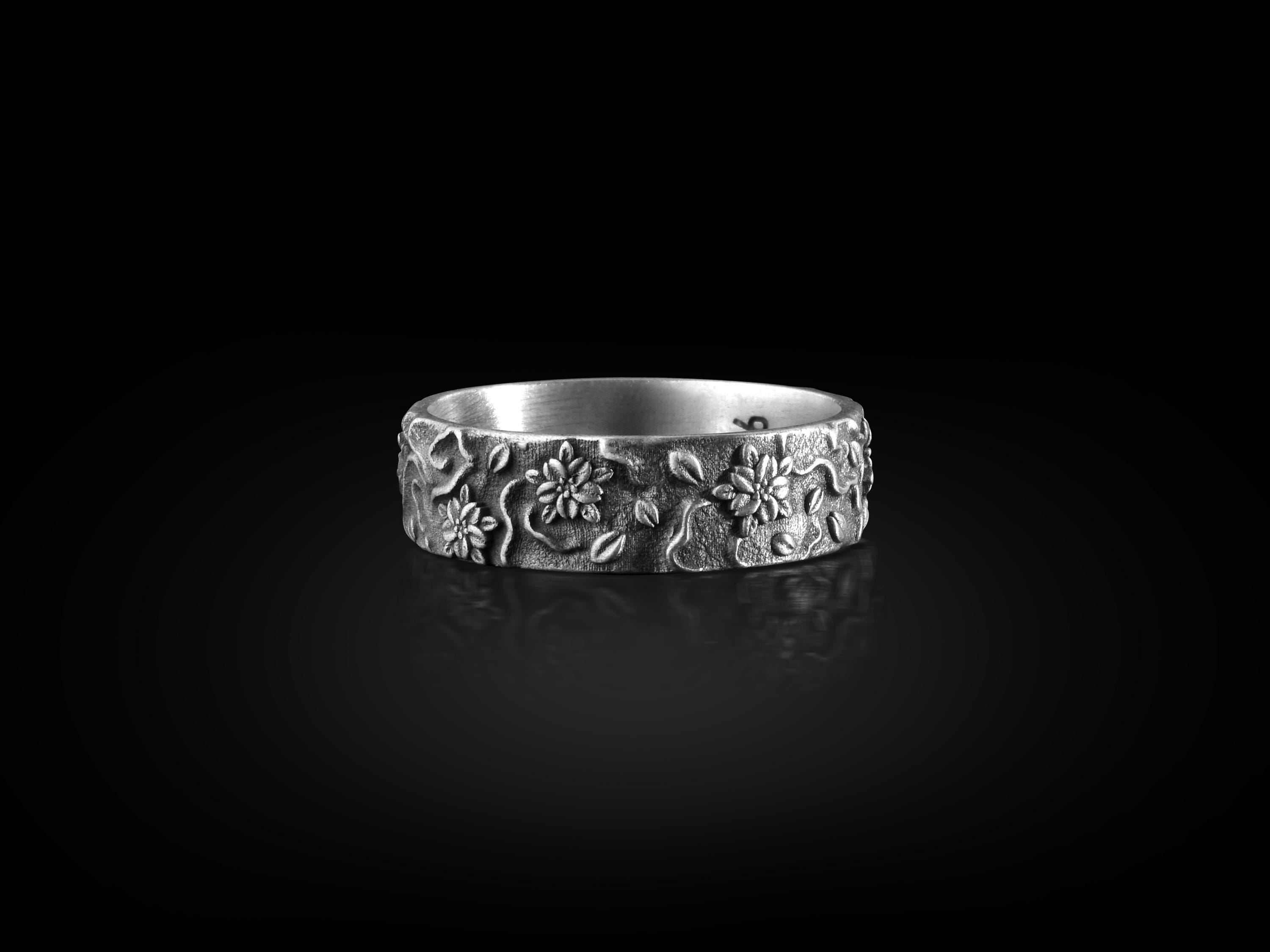 Japanese Ornaments Motifs Silver Men's Band Ring, Traditional Handmade ...