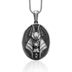 Anubis and skull pendant necklace for men in silver necklace, Ancient egyptian mythology necklace for dad, Gift for him