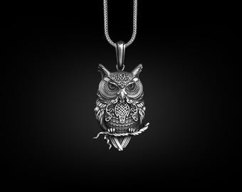 Owl Necklace with Engraved Viking Knot, Norse Mythology Symbols on Bird Animal Necklace, Cyberpunk Necklace in Silver, Nordic Necklace