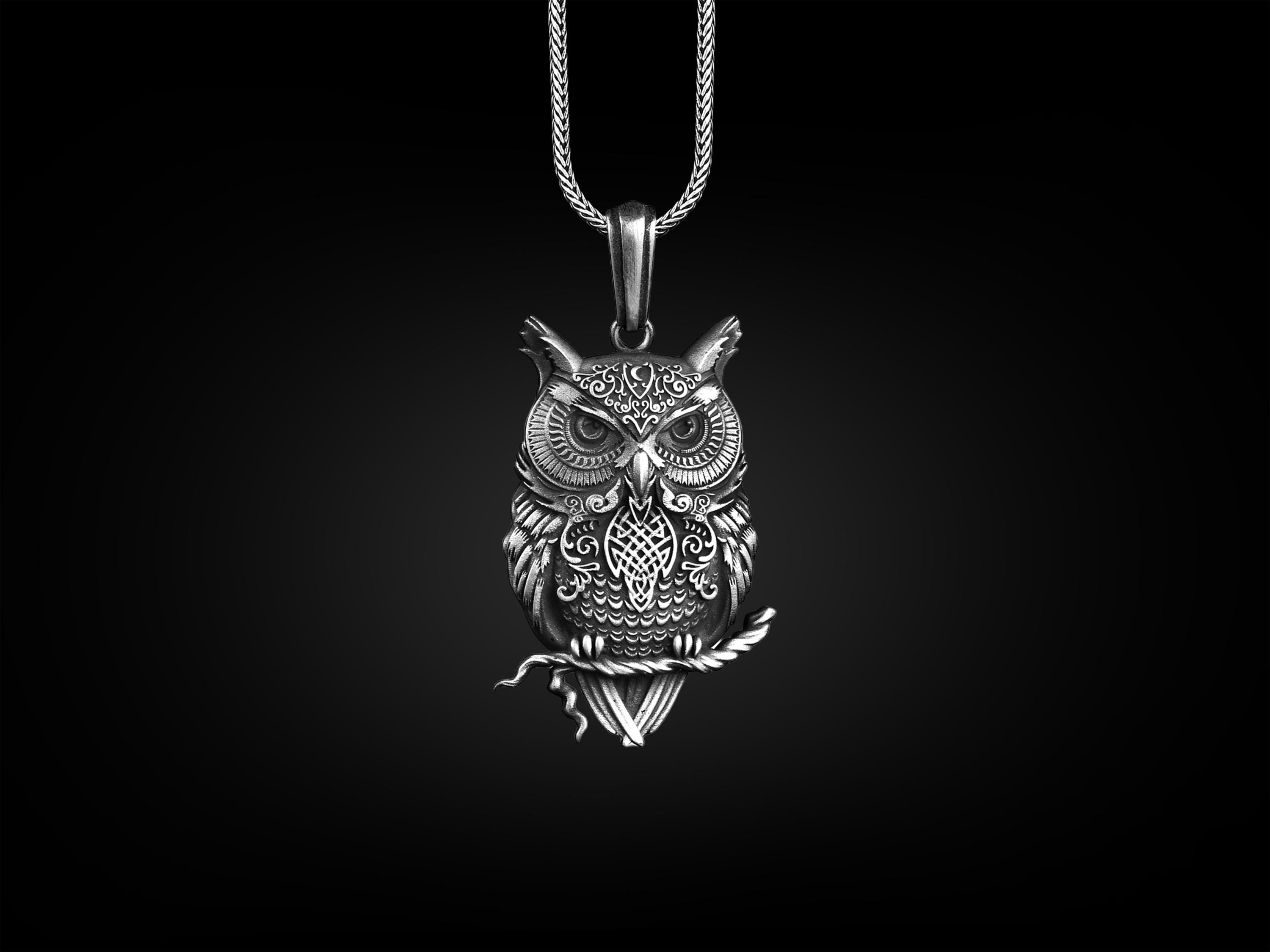 Owl Necklace with Engraved Viking Knot, Norse Mythology Symbols on Bird Animal Necklace, Cyberpunk N