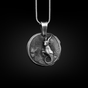Capricorn Horoscope Necklace in Silver, Engraved Sea Goat Astrology Necklace For Family, Zodiac Sign Coin Necklace For Dad, Birthday Gift