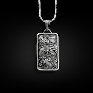 Rose flower rectangle pendant necklace with custom name, Personalized floral necklace for girlfriend, Mama necklace
