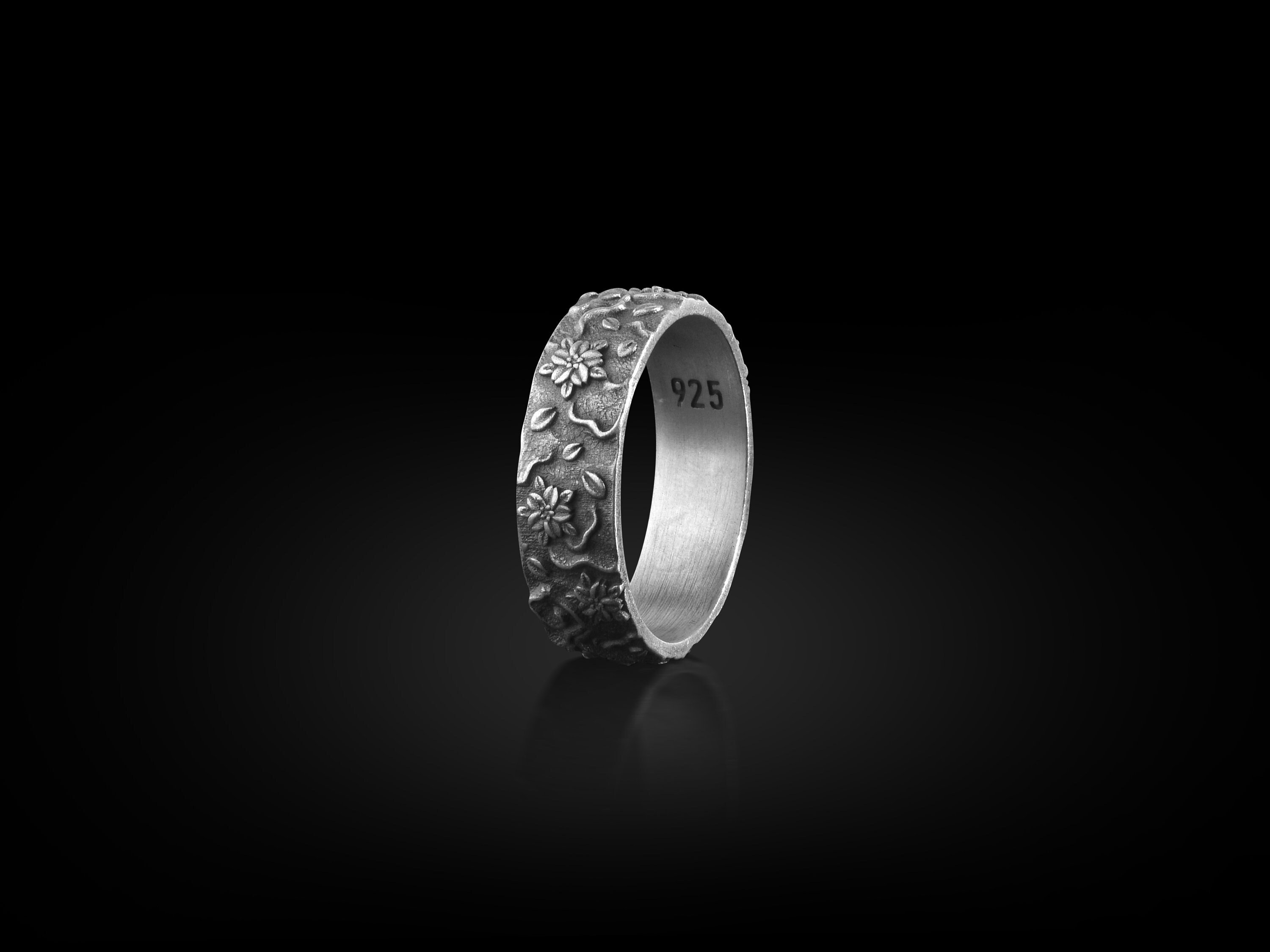 Japanese Ornaments Motifs Silver Men's Band Ring Etsy