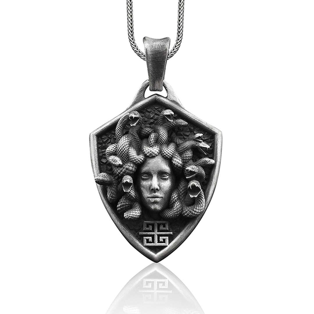 Medusa Handmade Sterling Silver Men Charm Necklace, Greek