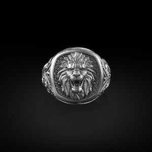 Roaring Lion Square Signet Ring, Sterling Silver Mens Rings, Leo Zodiac Gifts for Women, Horoscope Jewelry, Astrology Signet Rings