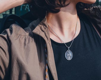 Good shepherd jesus medal necklace in silver, Personalized religious necklace for catholic, Gift for christian men