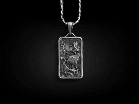 Poseidon god of the sea necklace for men in sterling silver, Personalized greek mythology necklace, Fantasy necklace