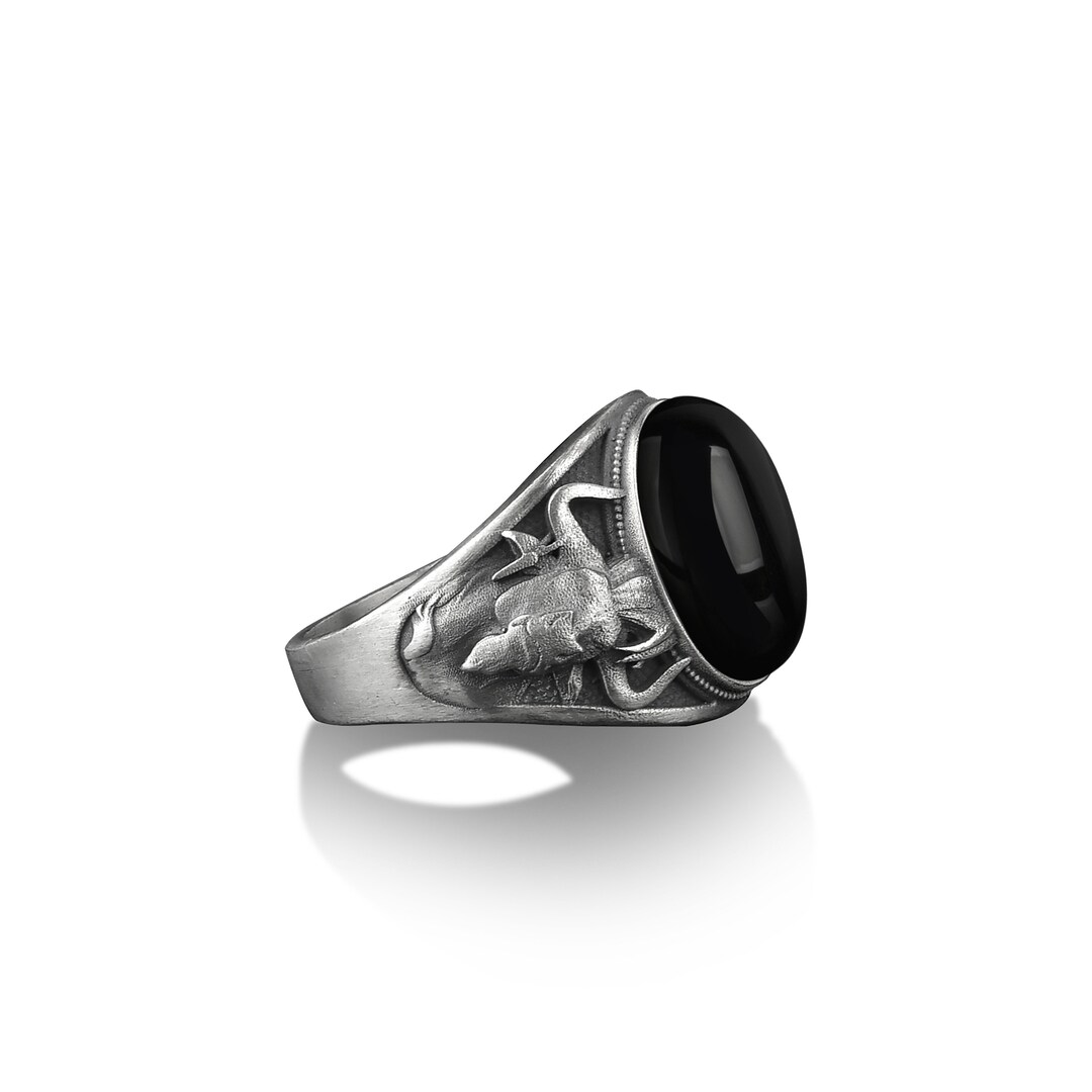 Bull Head Engraved Black Onyx Stone Silver Men Ring Taurus Etsy