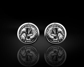 Dragon polished silver cufflinks for men, Sterling silver men's cufflinks, Unique engraved men gifts, Dragon design cufflinks, Gift for men