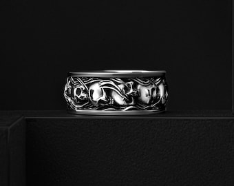 Sterling Silver Skull Men's Band Ring with Smoke in a Circle, Personalized Engraved Gothic Luxury Wedding Gift