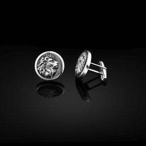 Lion Mens Cufflinks, Sterling Silver Gold Plated Lion Cufflinks, Wedding Lion Cufflinks, Men Silver Gift Cufflinks, Roun Lion Mans Cufflinks image 4