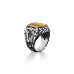 Tiger&#39;s eye gemstone men ring with preying falcon engravings in 925 sterling silver, Mens signet ring, Symbol of strength, Eagle men rings